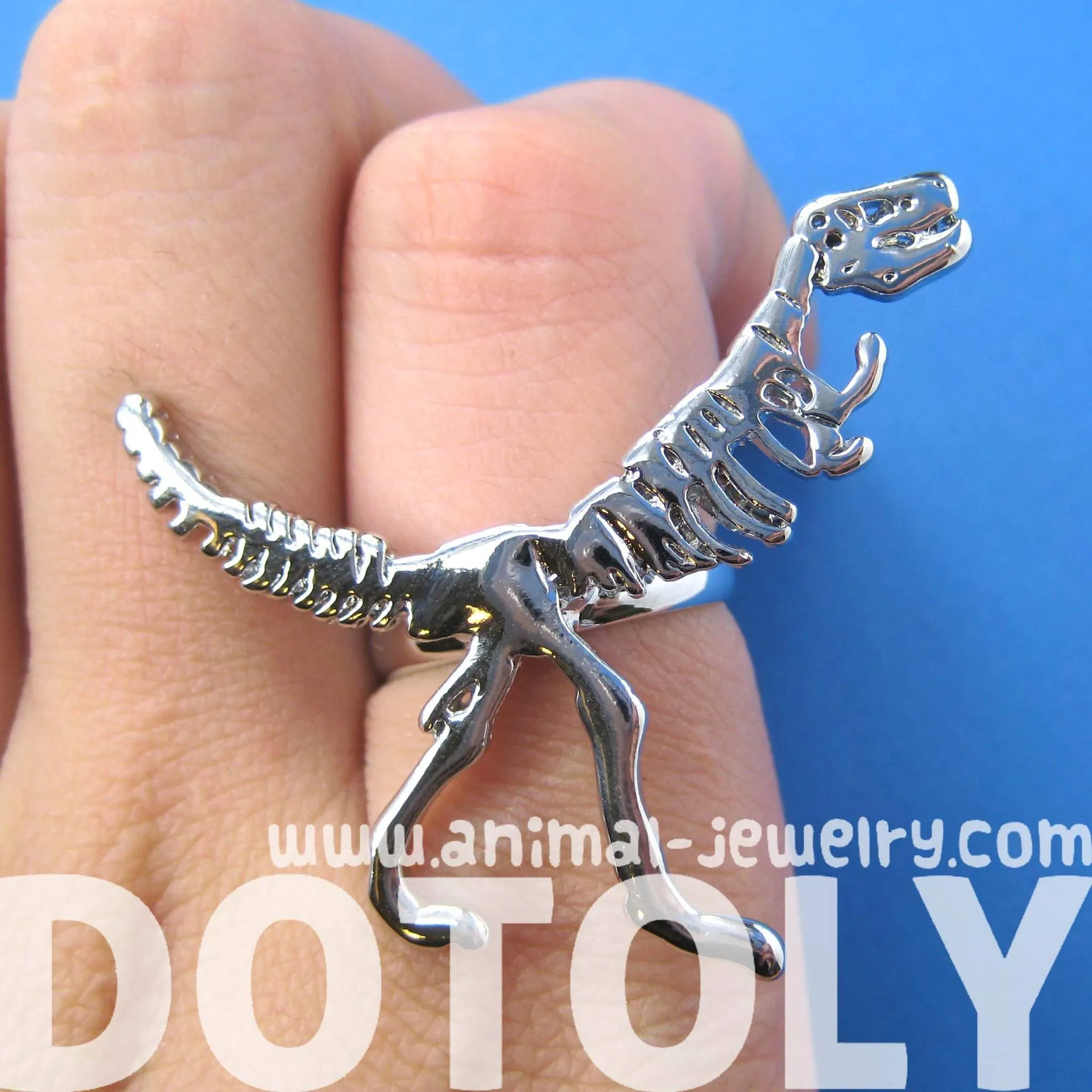 T-Rex Dinosaur Dino Fossil Skeleton Bones Adjustable Ring in Shiny Silver