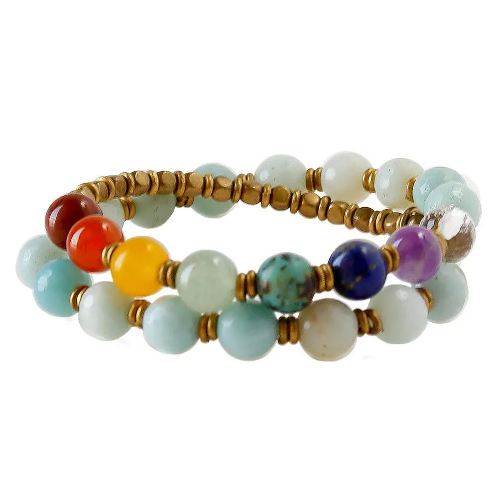 Throat Chakra, Genuine Faceted Amazonite Confidence 27 Bead Wrap Mala Bracelet