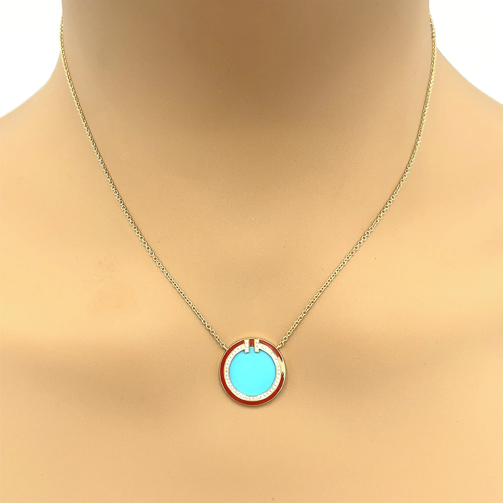 Tiffany and Co. T Diamond and Turquoise Circle Pendant Necklace