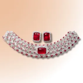 Tracy Ruby Red White Gold Luxury Necklace & Earring Set By Jaipur Rose Luxury Indian Jewelry Onli