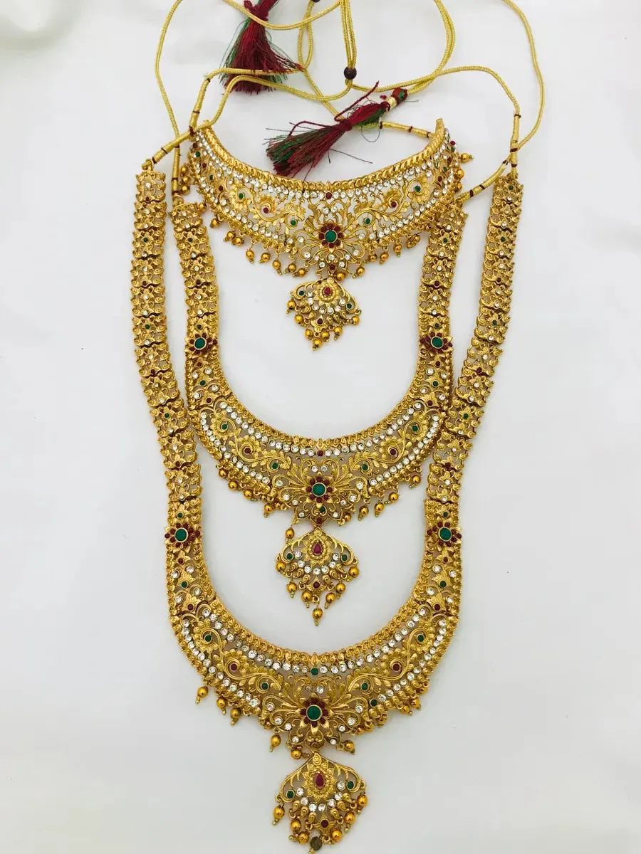 Traditional South Indian Antique Gold Matte Finished Bridal Set Jewelry