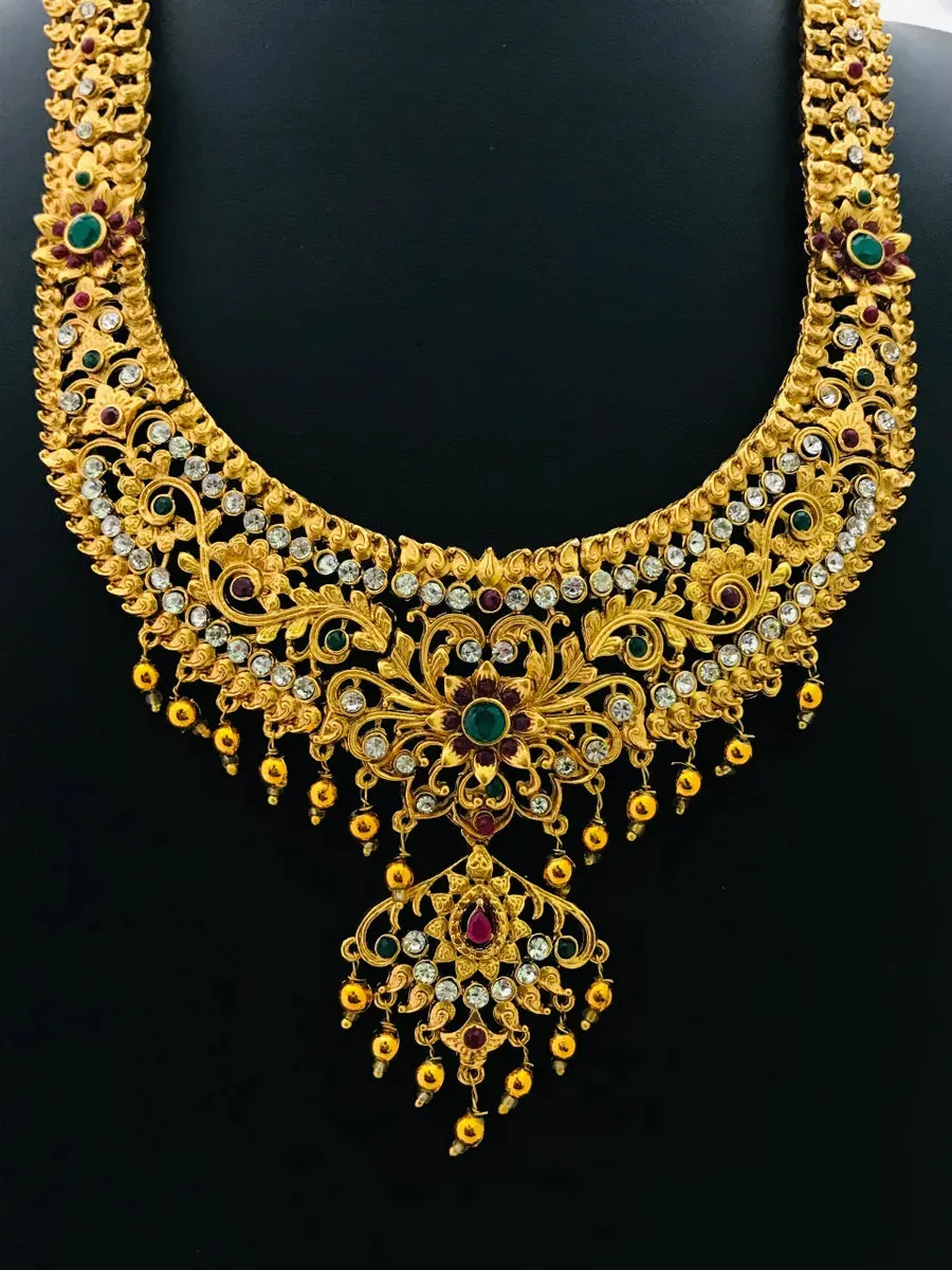 Traditional South Indian Antique Gold Matte Finished Bridal Set Jewelry