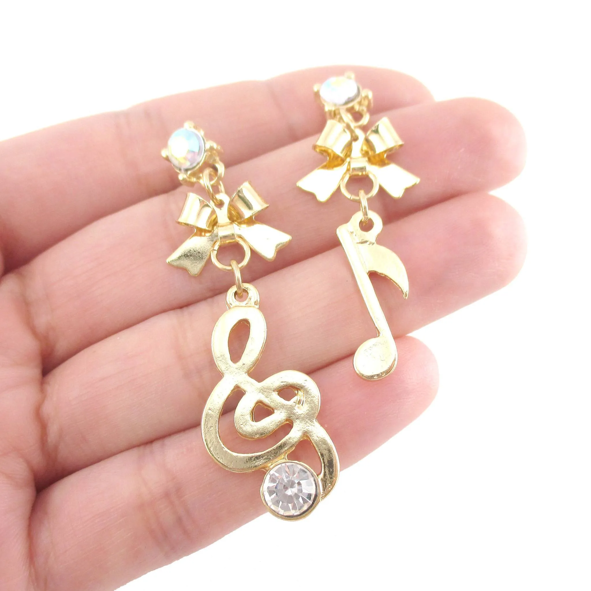 Treble Clef and Quaver Note Shaped Music Themed Drop Stud Earrings in Gold