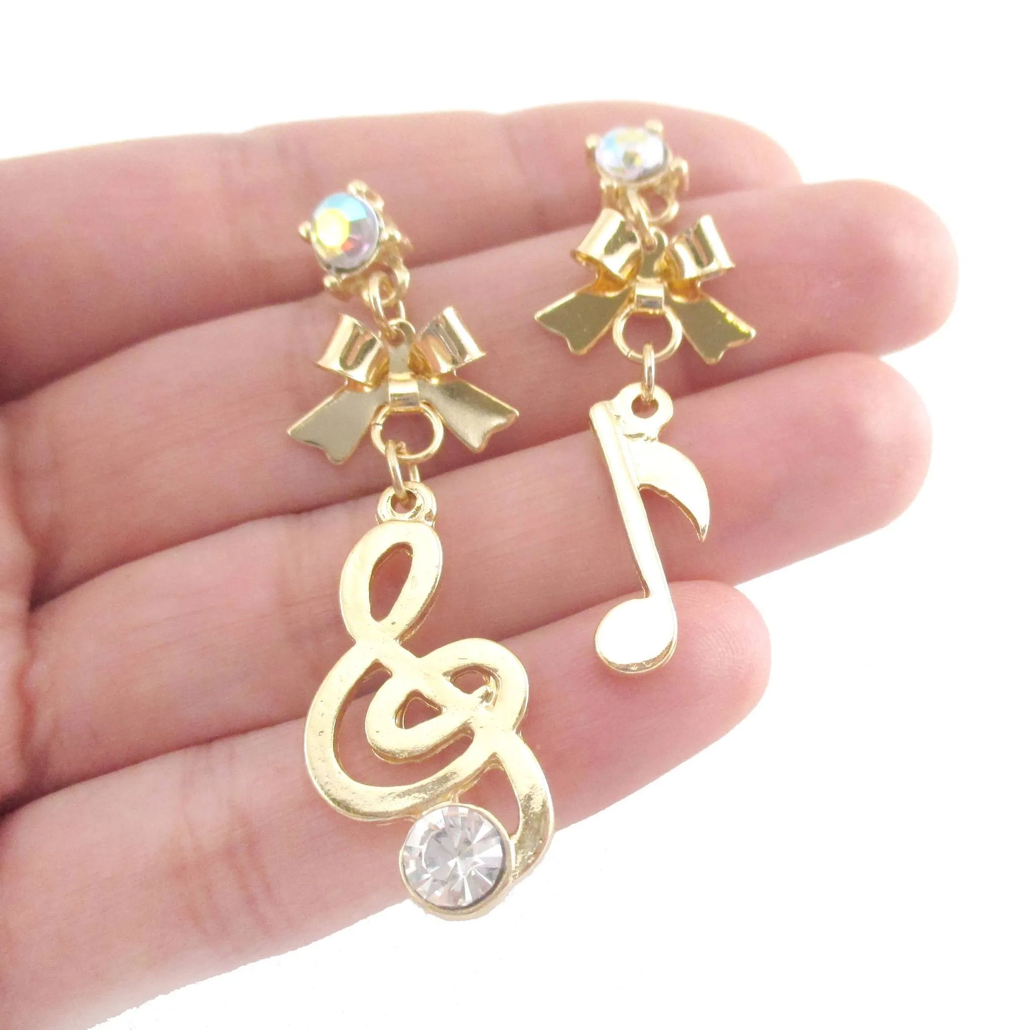 Treble Clef and Quaver Note Shaped Music Themed Drop Stud Earrings in Gold