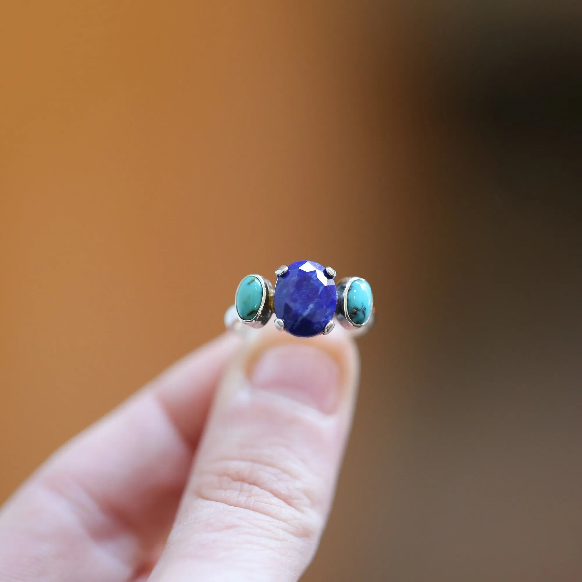 Tri-Stone Ring - Blue Lapis Ring - Turquoise Ring - Turquoise and Lapis Stacker Ring