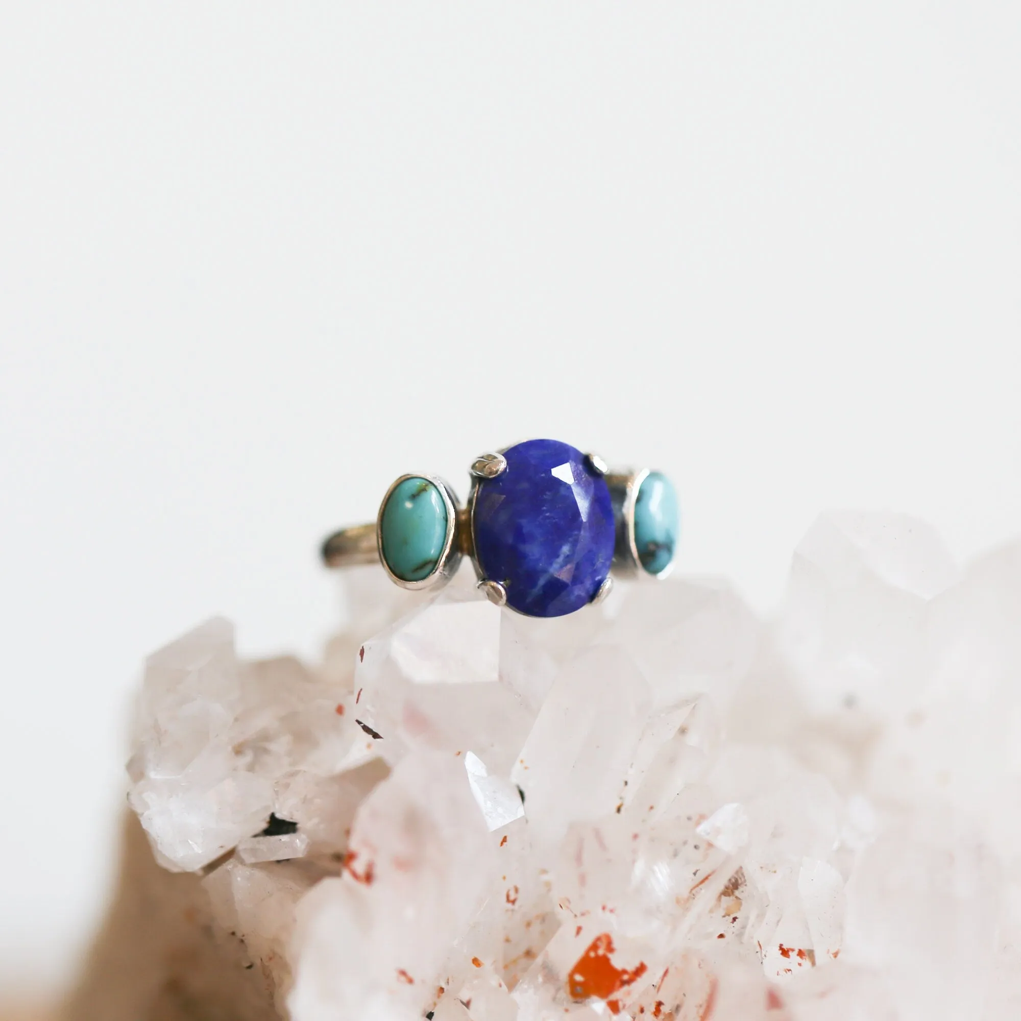 Tri-Stone Ring - Blue Lapis Ring - Turquoise Ring - Turquoise and Lapis Stacker Ring