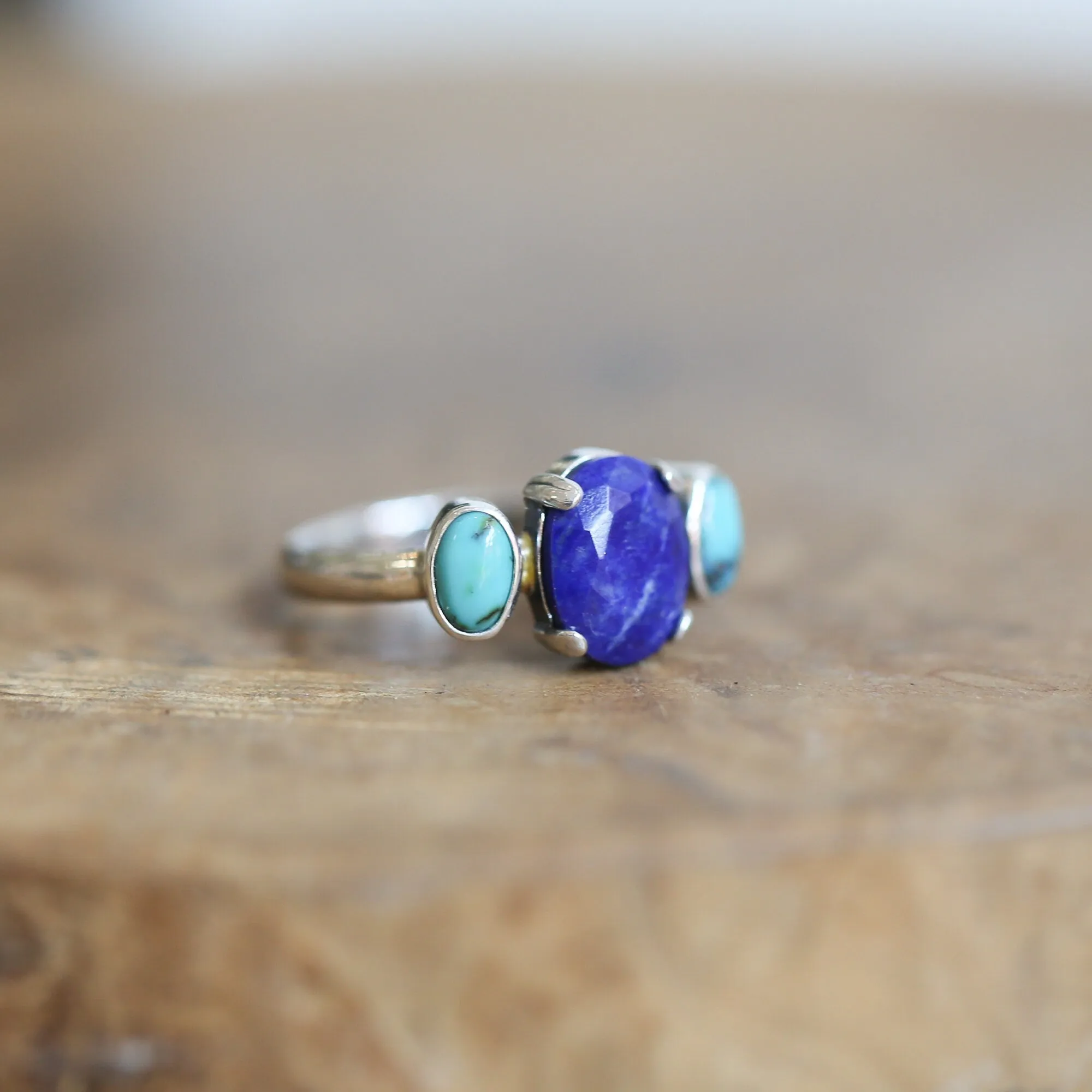 Tri-Stone Ring - Blue Lapis Ring - Turquoise Ring - Turquoise and Lapis Stacker Ring