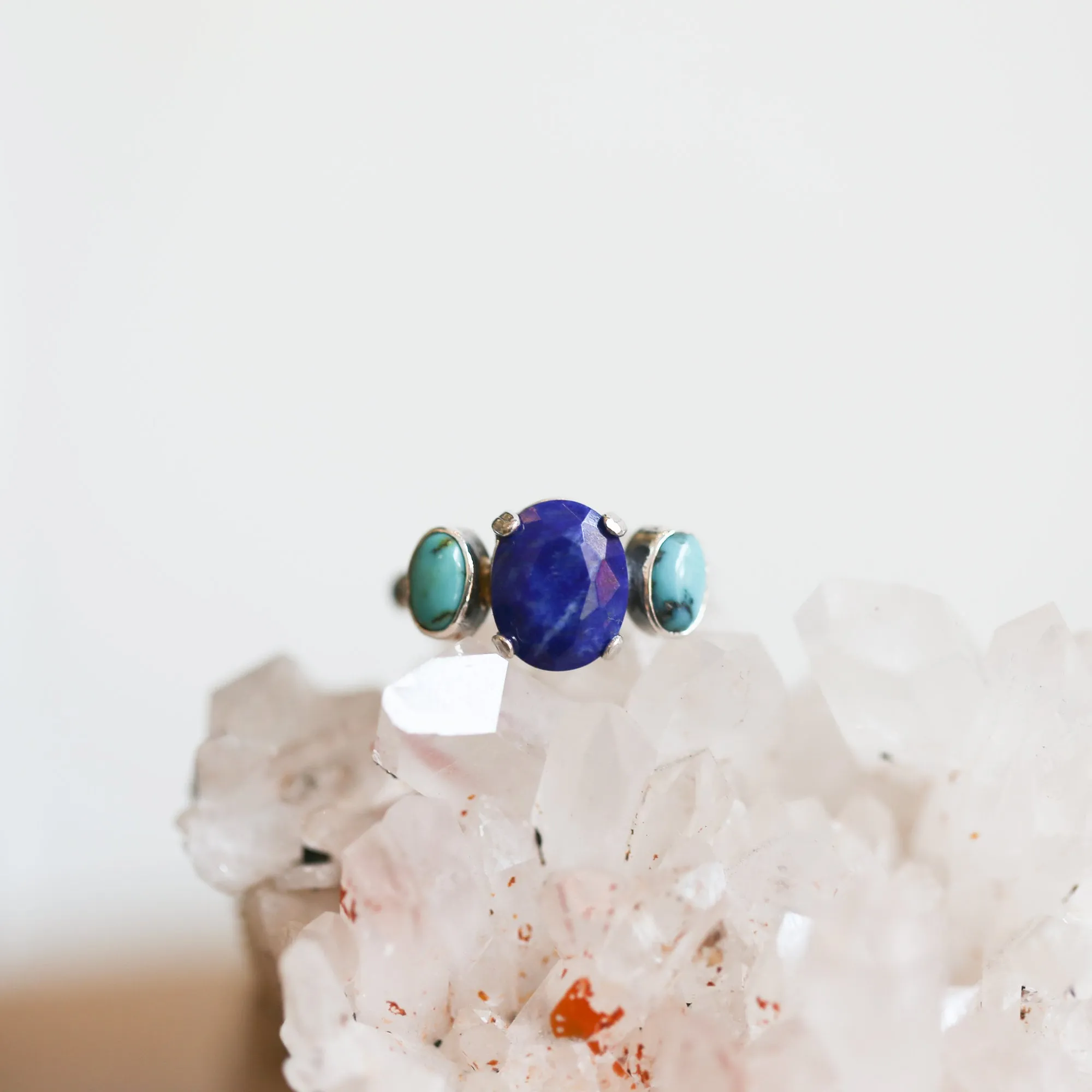 Tri-Stone Ring - Blue Lapis Ring - Turquoise Ring - Turquoise and Lapis Stacker Ring