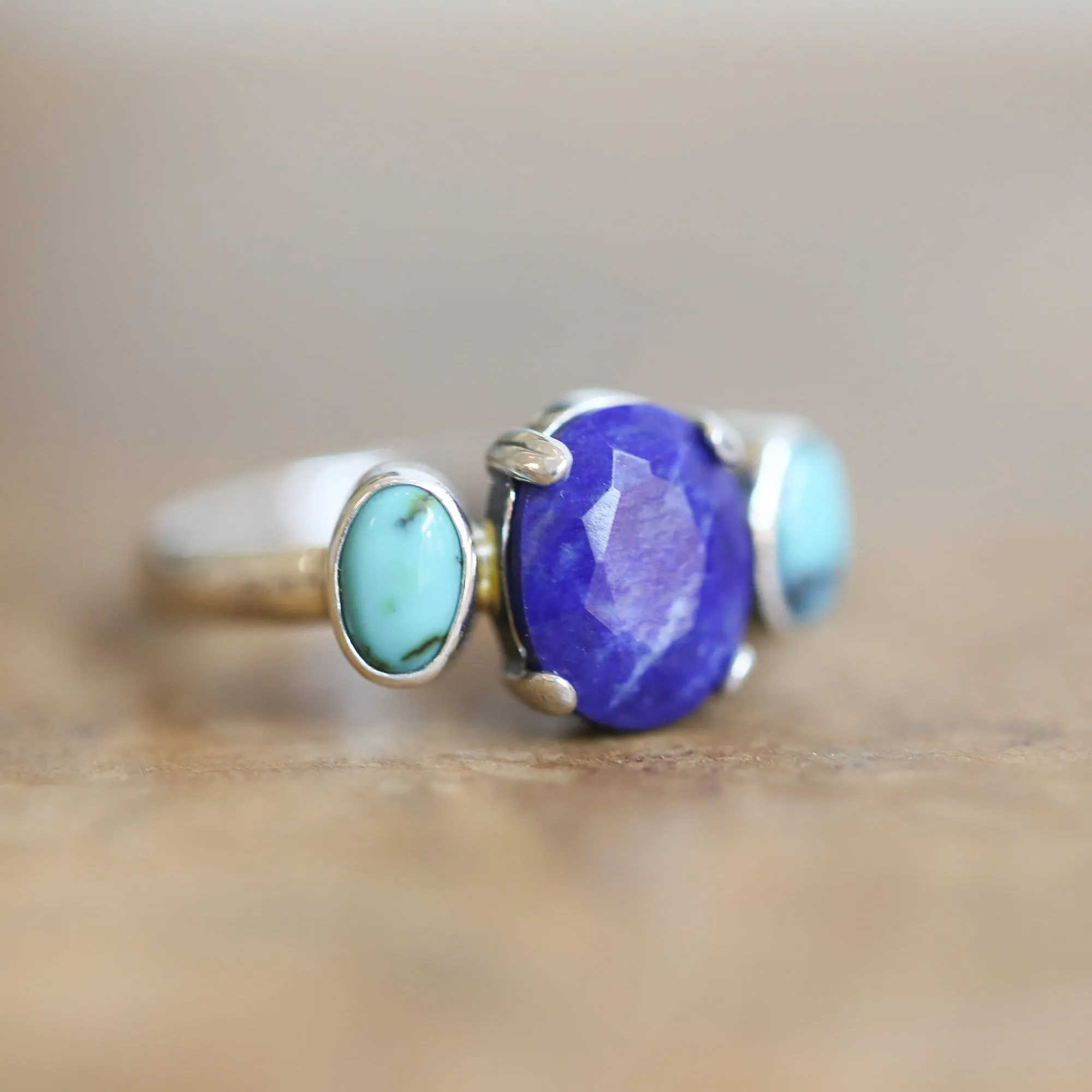 Tri-Stone Ring - Blue Lapis Ring - Turquoise Ring - Turquoise and Lapis Stacker Ring