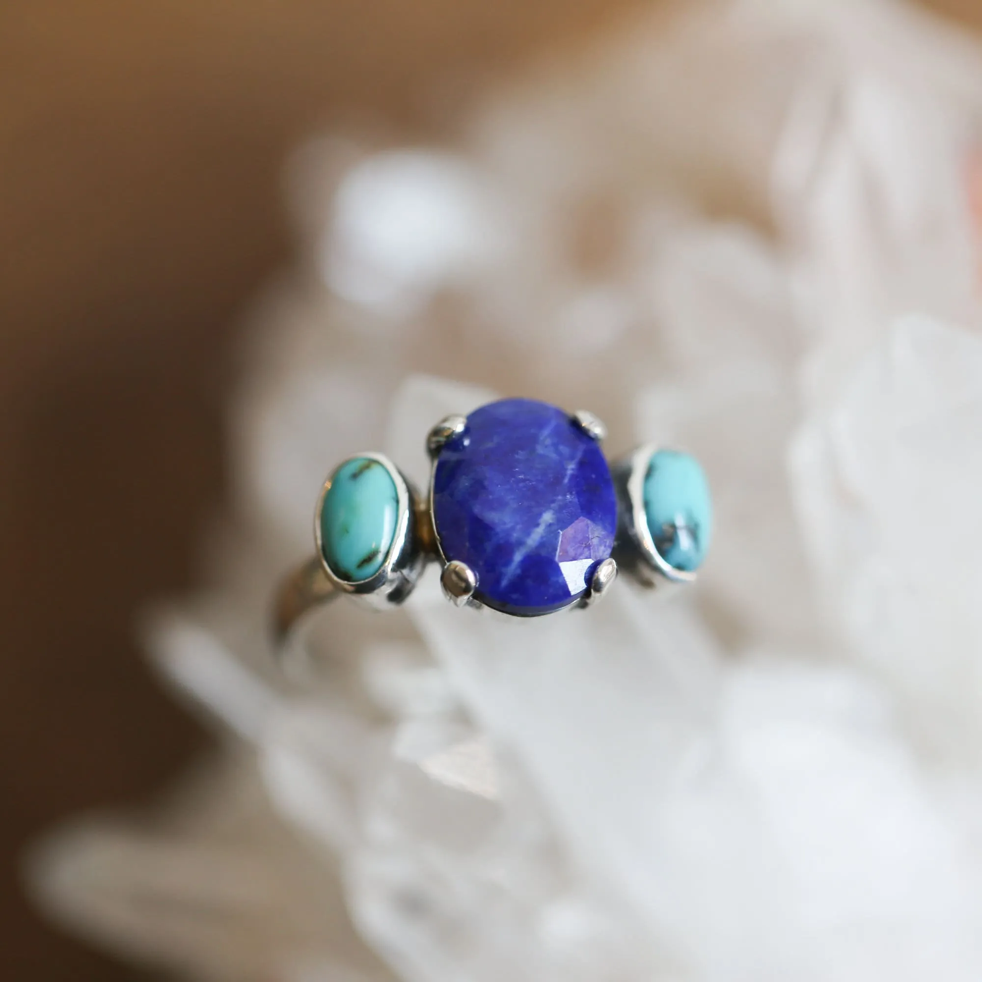 Tri-Stone Ring - Blue Lapis Ring - Turquoise Ring - Turquoise and Lapis Stacker Ring