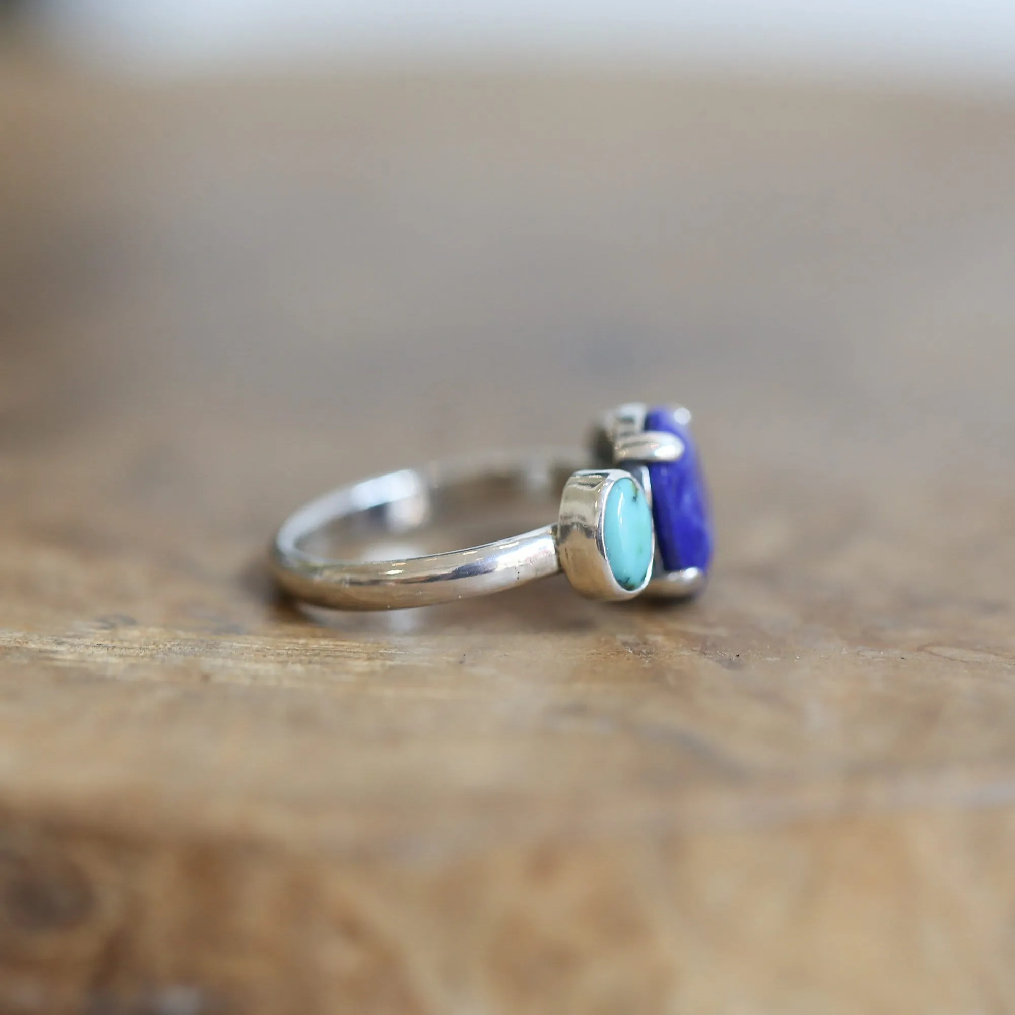 Tri-Stone Ring - Blue Lapis Ring - Turquoise Ring - Turquoise and Lapis Stacker Ring