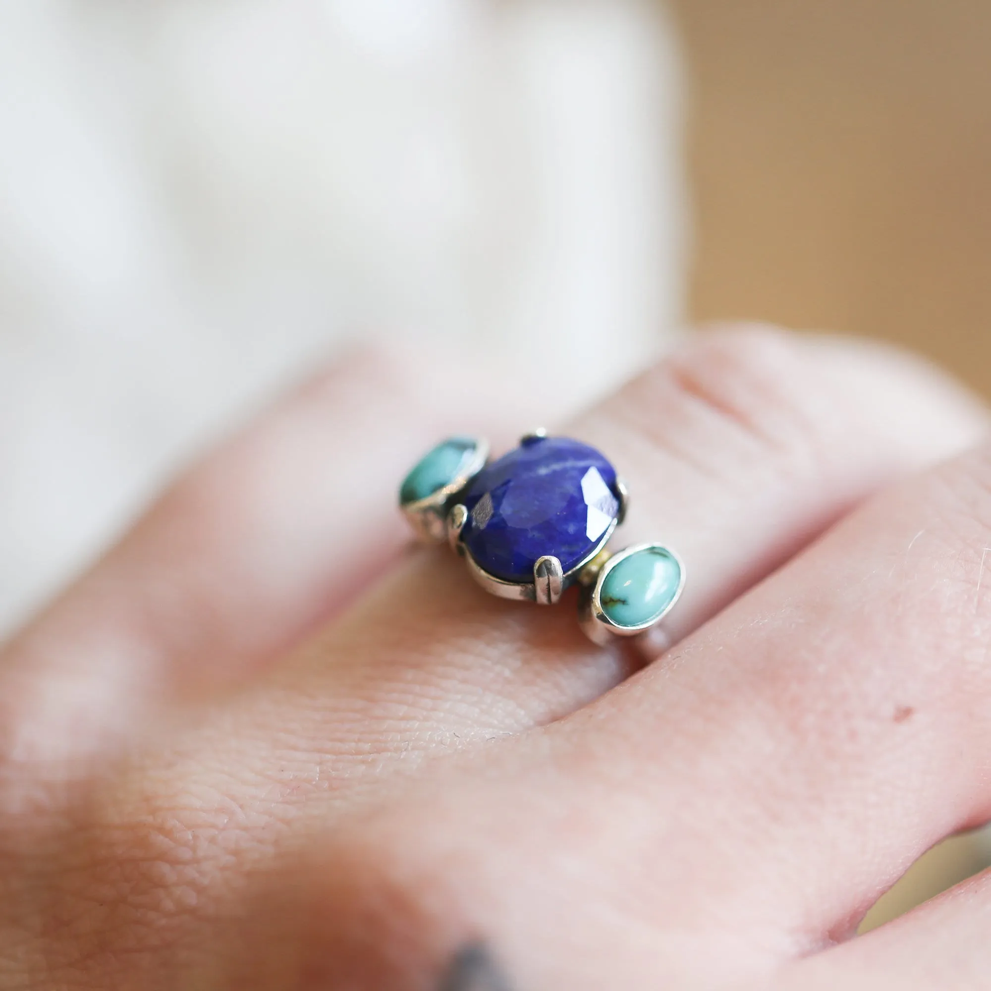 Tri-Stone Ring - Blue Lapis Ring - Turquoise Ring - Turquoise and Lapis Stacker Ring