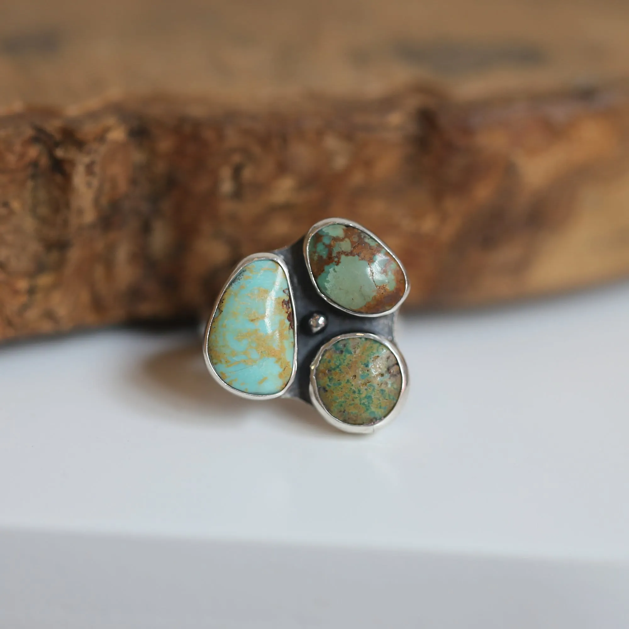 Tri-Stone Turquoise Cluster Ring - Turquoise Ring - Turquoise Multistone Ring - OOAK