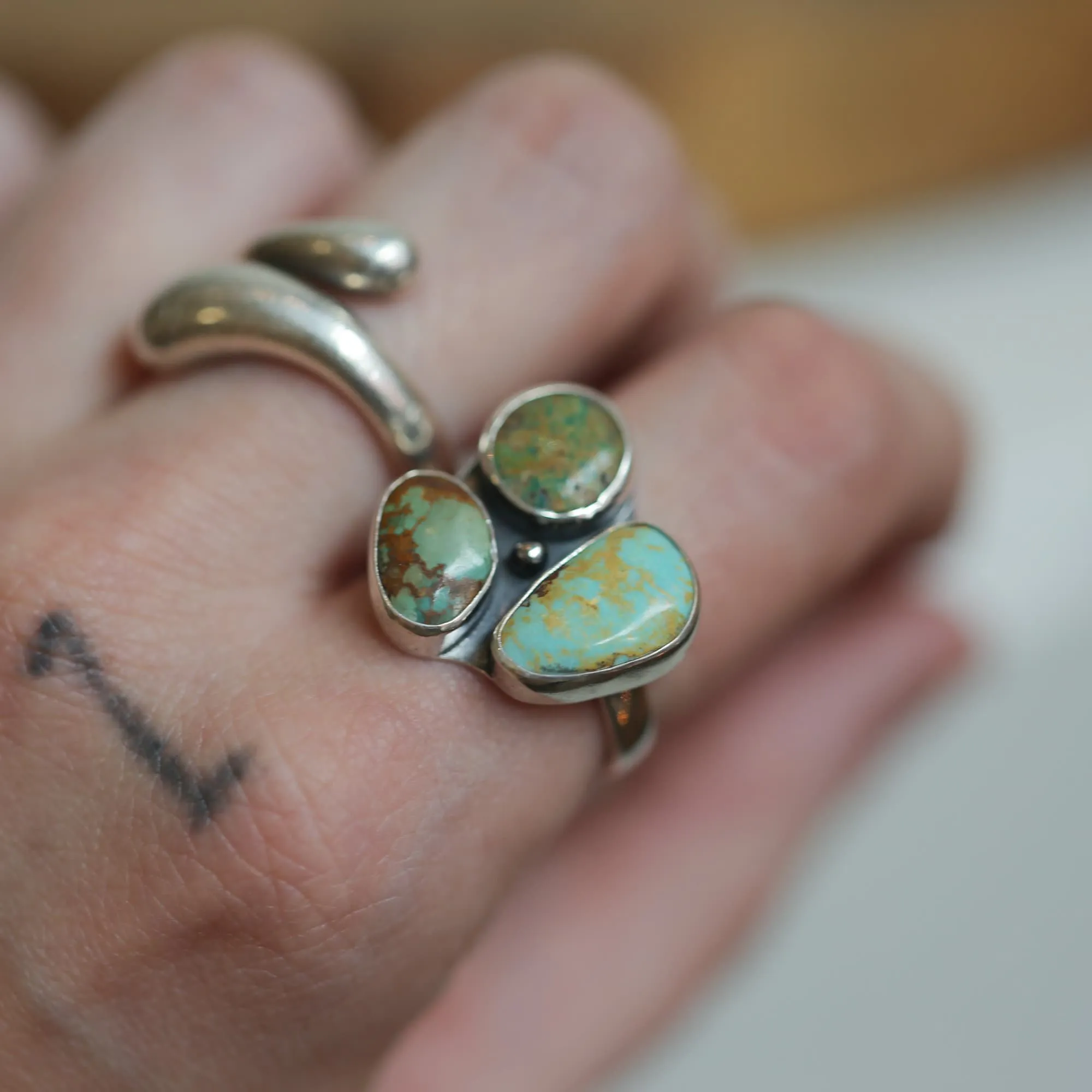 Tri-Stone Turquoise Cluster Ring - Turquoise Ring - Turquoise Multistone Ring - OOAK