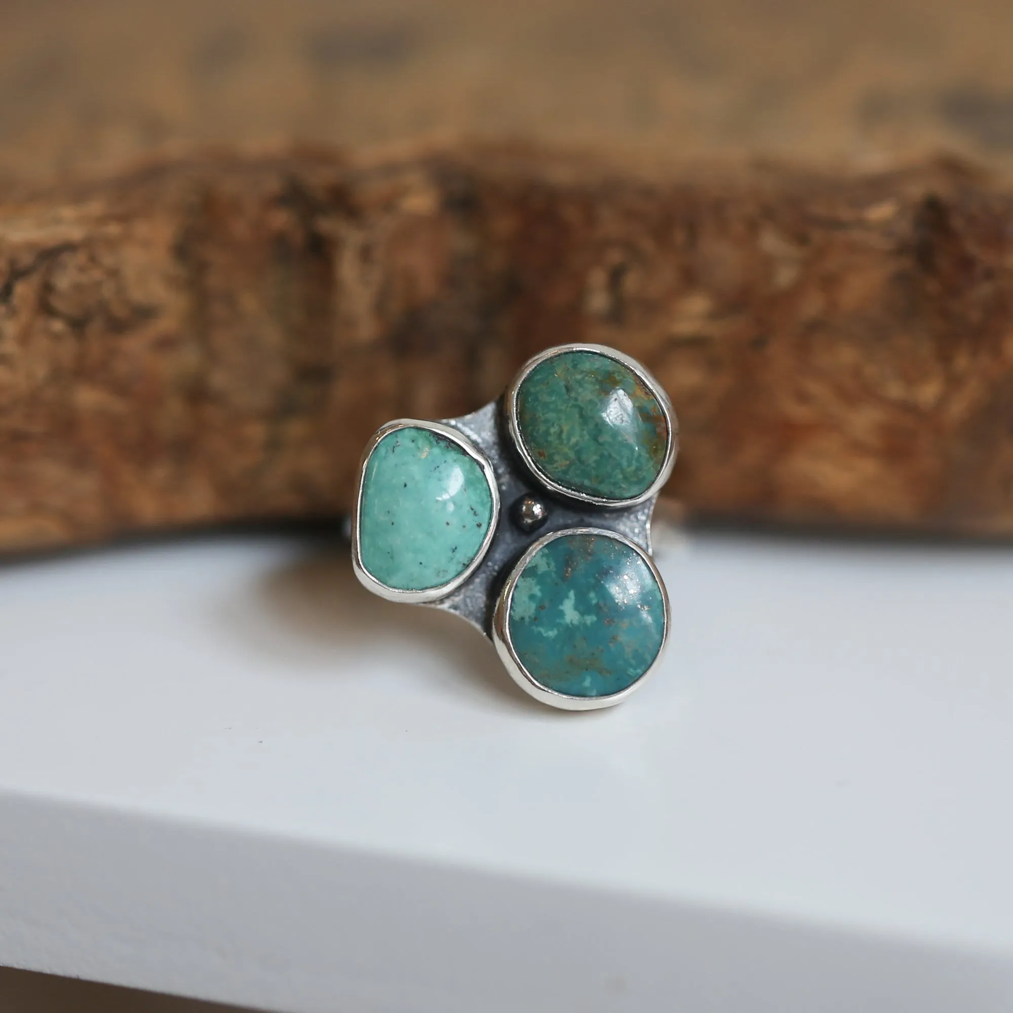 Tri-Stone Turquoise Cluster Ring - Turquoise Ring - Turquoise Multistone Ring - OOAK