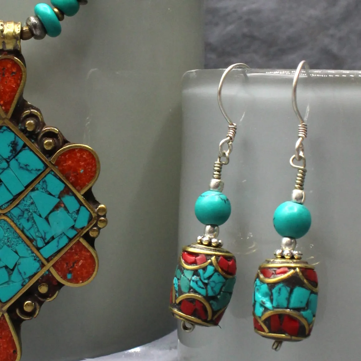 Turquoise & Coral Barrel Earrings with Turquoise Bead