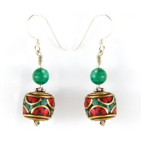 Turquoise & Coral Barrel Earrings with Turquoise Bead