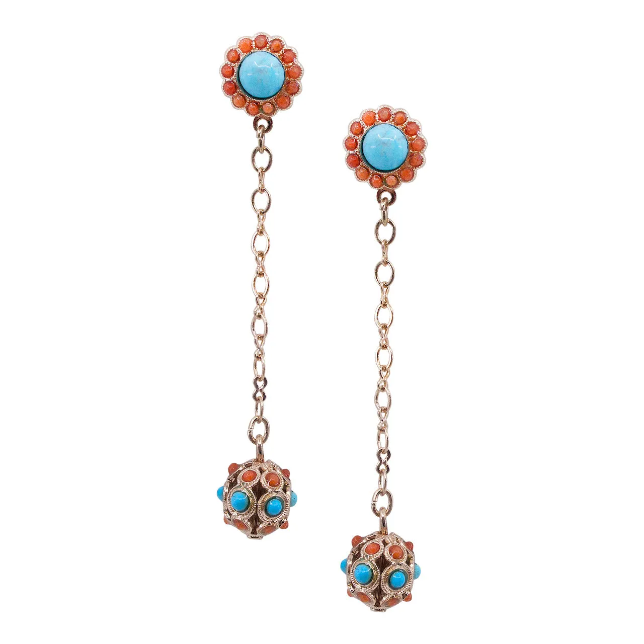 Turquoise and Coral Bead Drop Pendant Earrings by AMARO