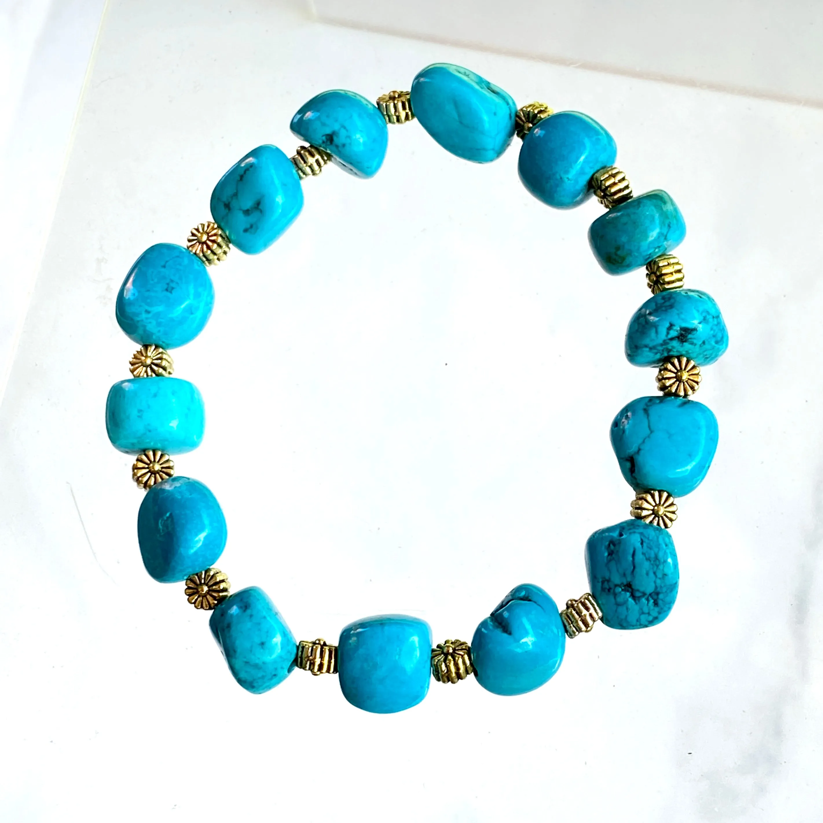 Turquoise gemstone and Brass Flower Beaded Bracelet