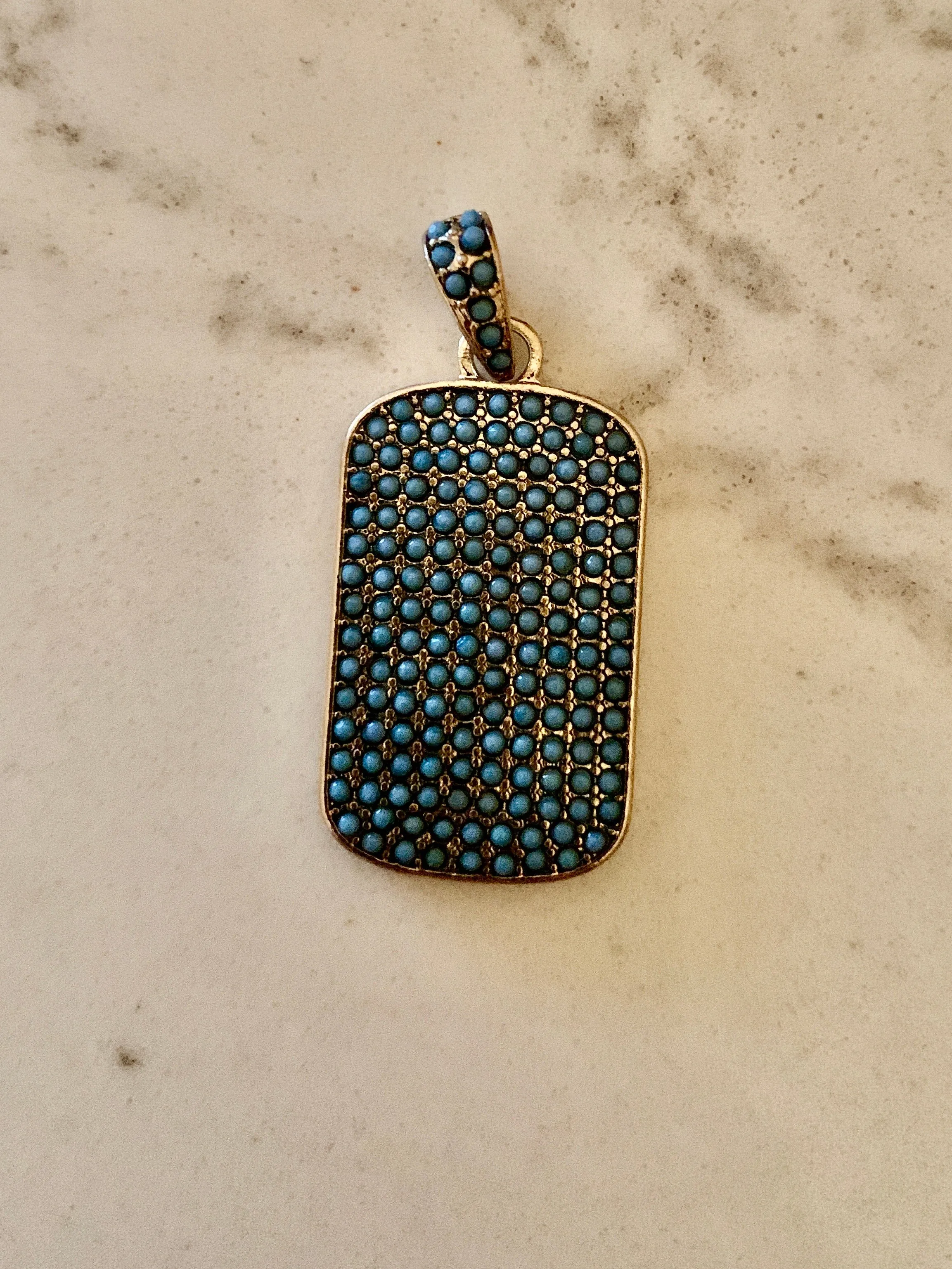 Turquoise Pave Dog Tag Charm - Gold