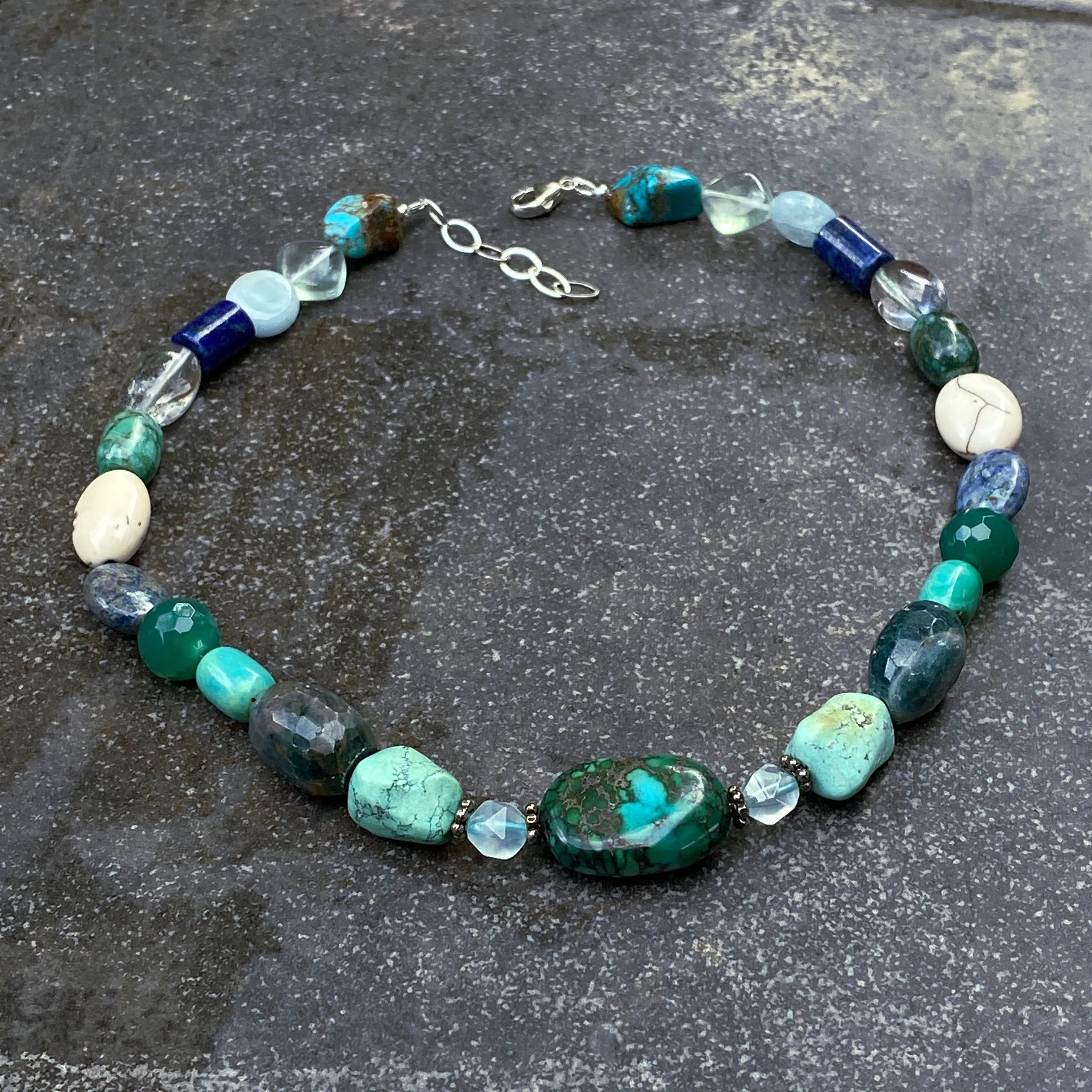 Turquoise, Topaz, Aquamarine, Flourite Gemstone chunky beaded Necklace