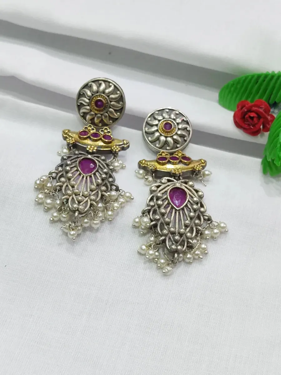 Two Tone Ruby Stoned High End Oxidized Earrings