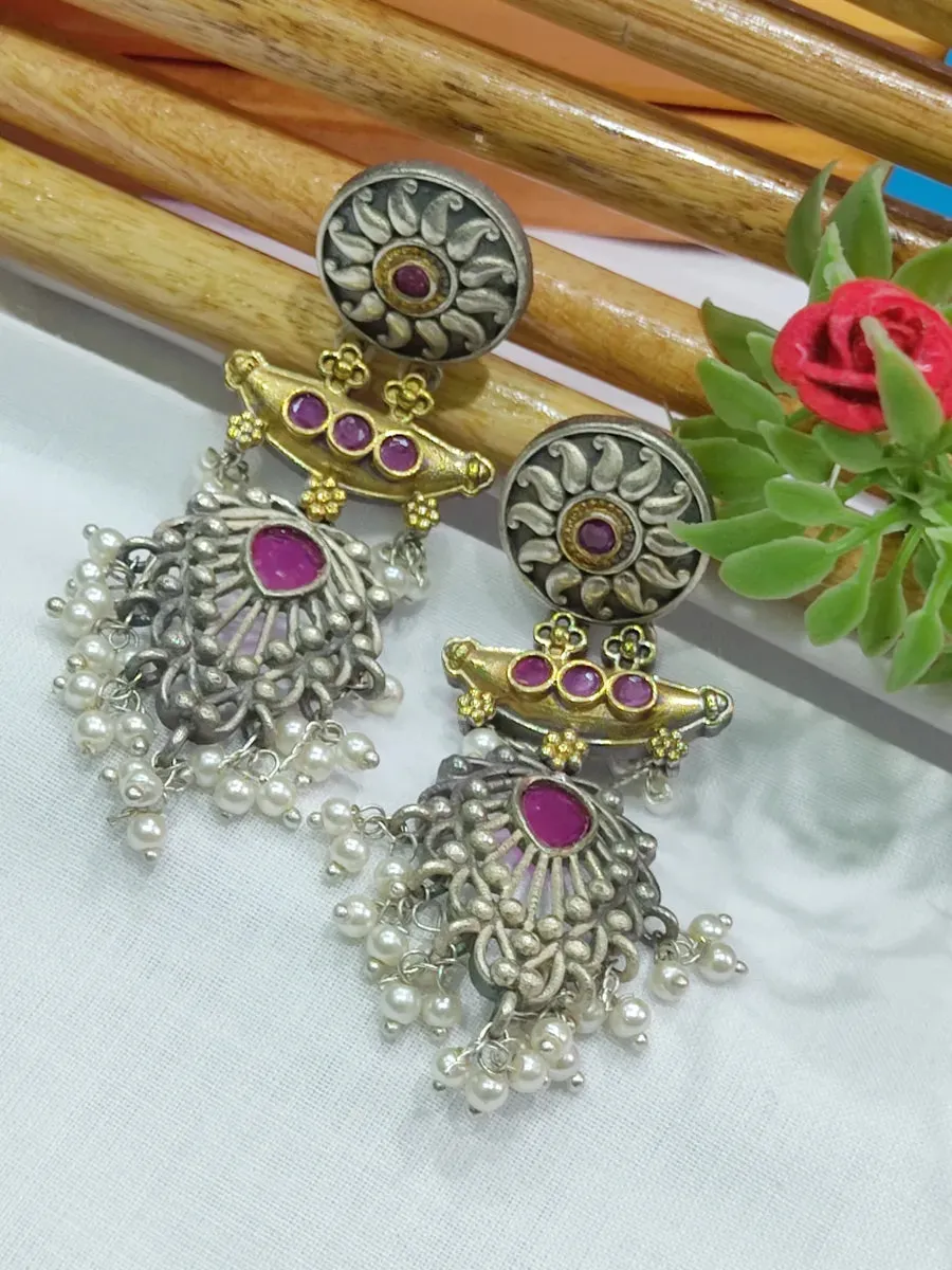 Two Tone Ruby Stoned High End Oxidized Earrings