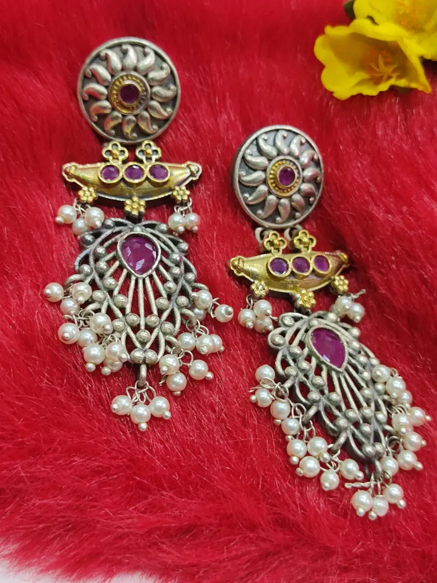 Two Tone Ruby Stoned High End Oxidized Earrings