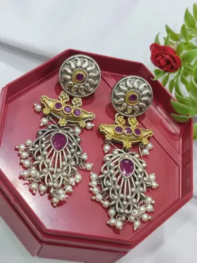 Two Tone Ruby Stoned High End Oxidized Earrings