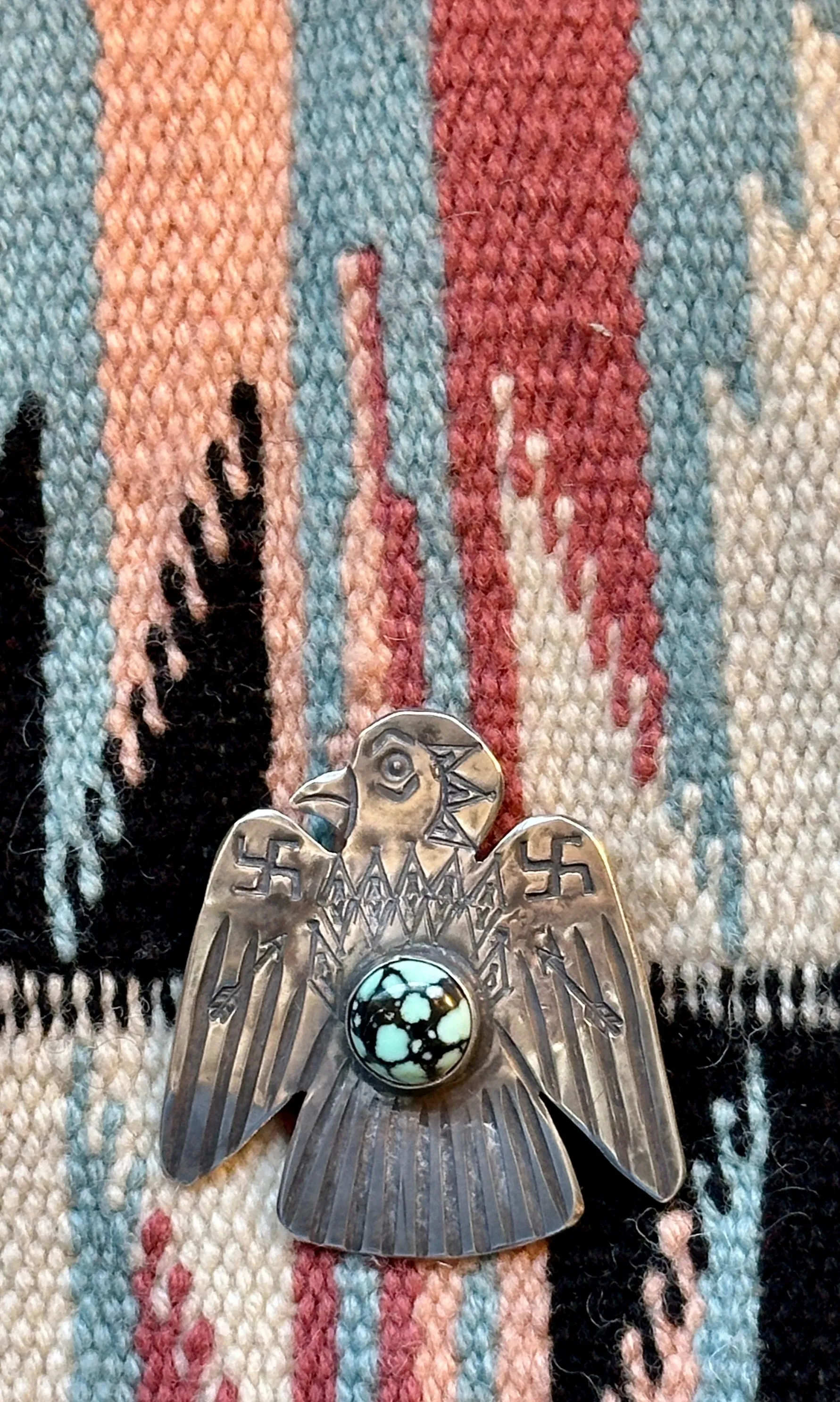 WHIRLING LOG 1930s Silver and Turquoise Thunderbird Brooch  Fred Harvey Era