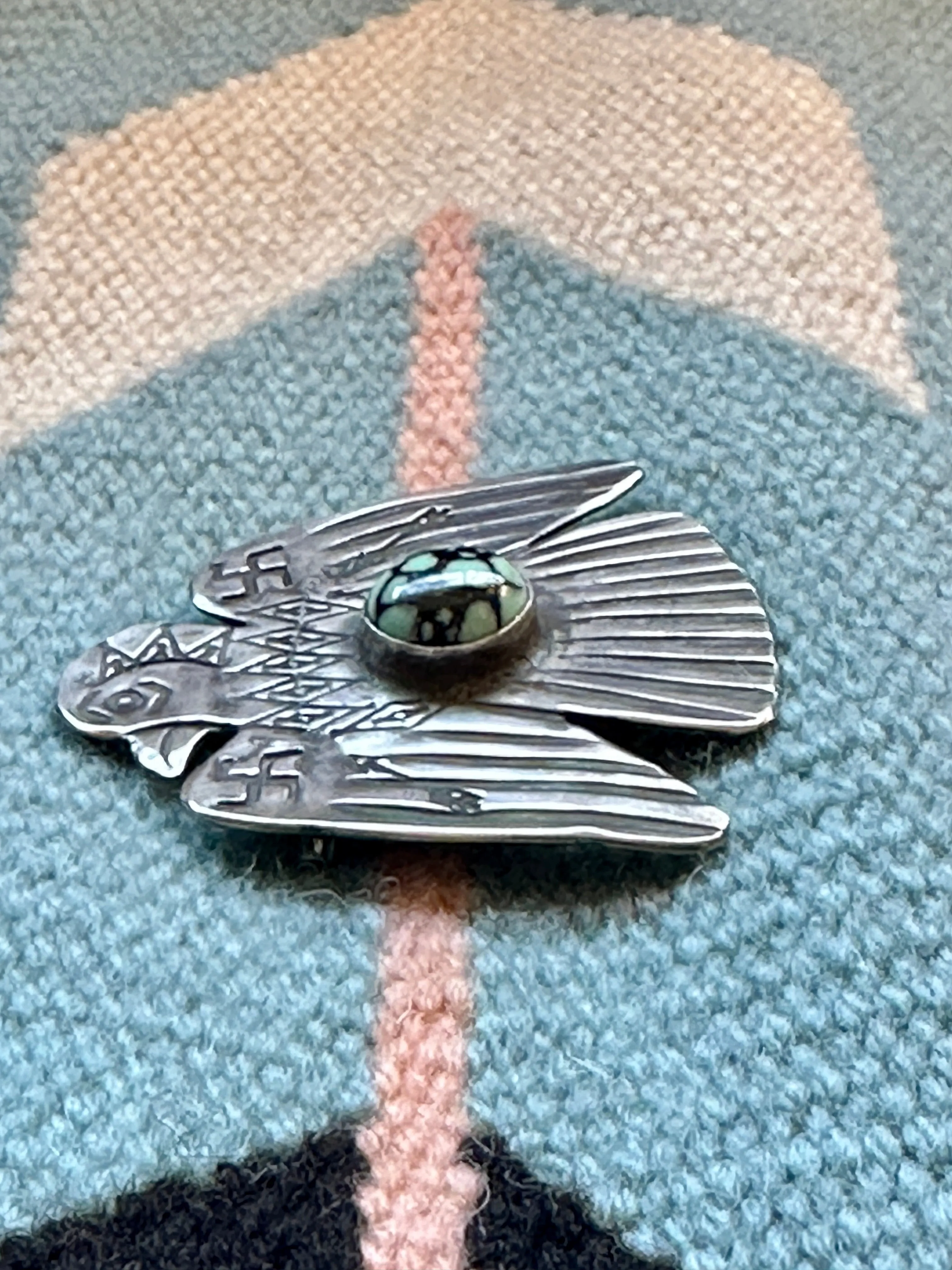 WHIRLING LOG 1930s Silver and Turquoise Thunderbird Brooch  Fred Harvey Era