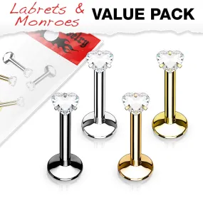 WILDKLASS 4 Pcs Value Pack Internally Threaded Heart Prong Top Gem Labret Monroe Titanium IP Over 316L Surgical Steel