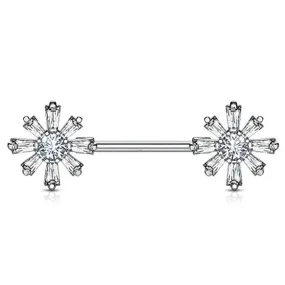 WildKlass Princess Cut CZ with Round CZ Center Flower Ends 316L Surgical Steel Nipple Barbell Rings